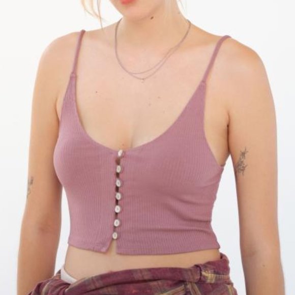 Urban Outfitters Pink Riley V-Neck Ribbed Button Front Cami Crop Top Stretch XS - Picture 2 of 8